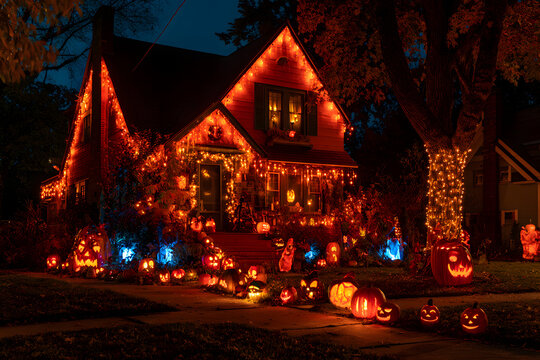 A house illuminated at night with Halloween decorations