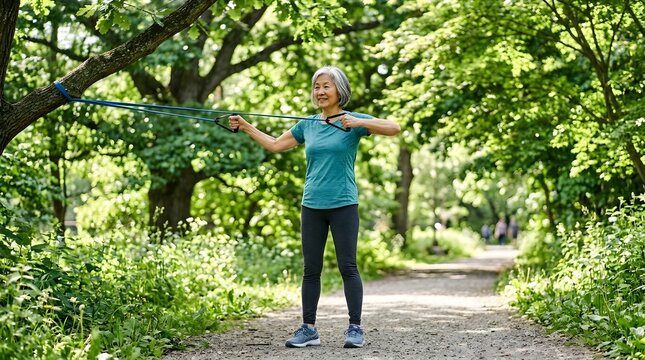 An elderly woman stands on a gravel path in a sunlit park  using a blue resistance band anchored to a tree for strength training  surrounded by dense green foliage