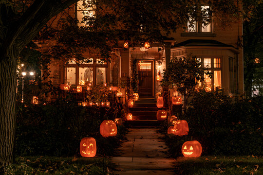 The night scene of a house decorated for Halloween