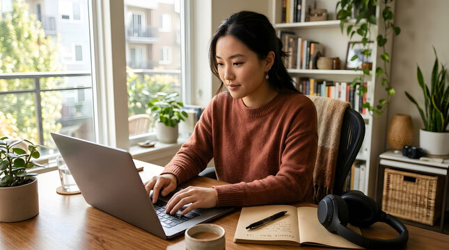 A person is focused on typing at a wooden desk with a laptop  notebook  and headphones  in a room with plants and a bookshelf