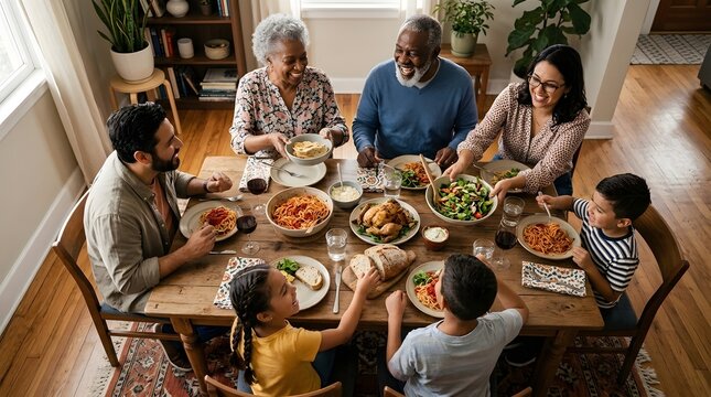 A diverse family of six  including elders and children  gathers around a rustic wooden table  happily eating pasta  salad  and roasted chicken together