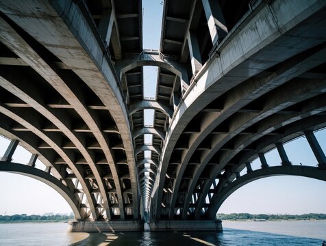 Low angle view of large concrete bridge structure over river. Symmetric architectural design shows heavy engineering underbelly with repeating arches, massive supports. Urban infrastructure spans
