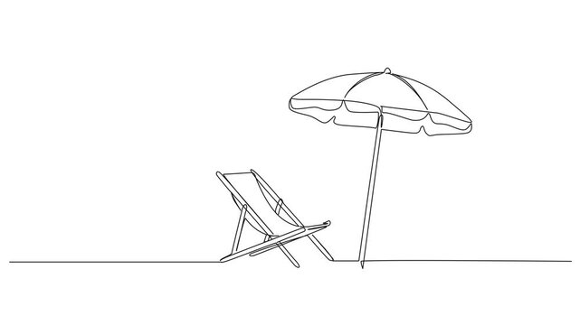 animated continuous line drawing of a beach chair under a large sun umbrella, line art animation
