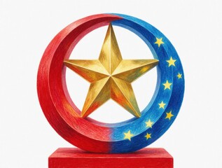 Fototapeta premium Abstract symbolic sculpture features golden star inside red, blue circle. Creative design represents unity, harmony, connection between nations. Artistic illustration shows celestial elements like