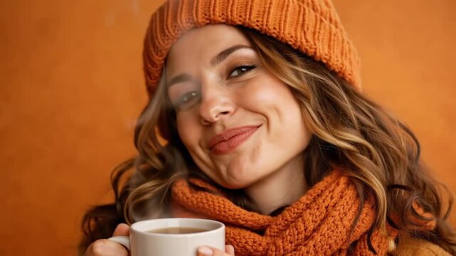 Smiling woman in orange beanie and knit scarf holding a steaming mug in close up shots, cozy autumn portrait series with warm tones.