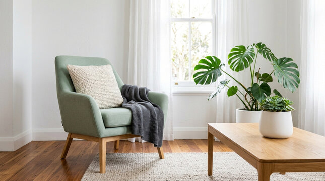 Modern armchair and coffee table with plants in a bright, minimalist living room