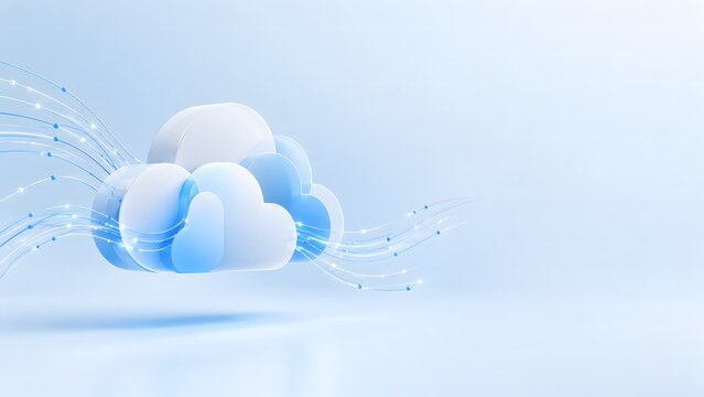 3D cloud computing concept with flowing data lines on blue background
