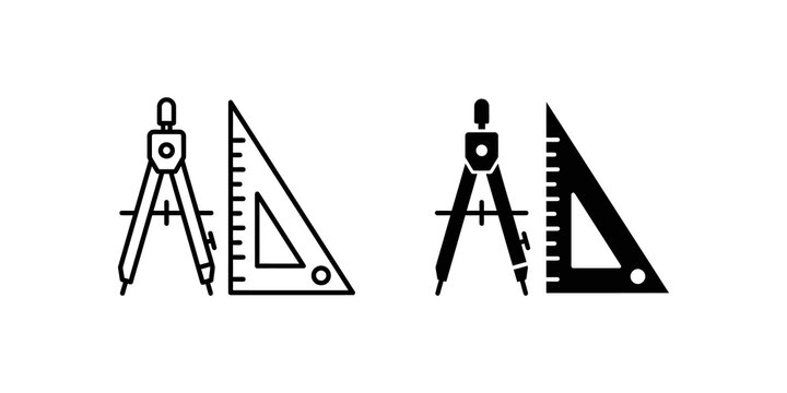 Drawing compass and set square geometric tools flat icons for engineering.