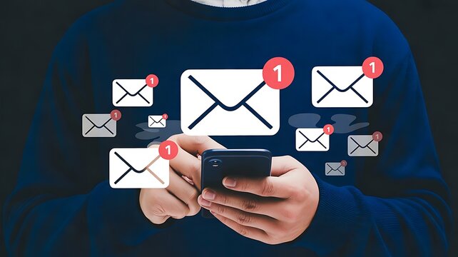 Man holding smartphone with floating email icons depicting incoming message notifications and digital communication concept