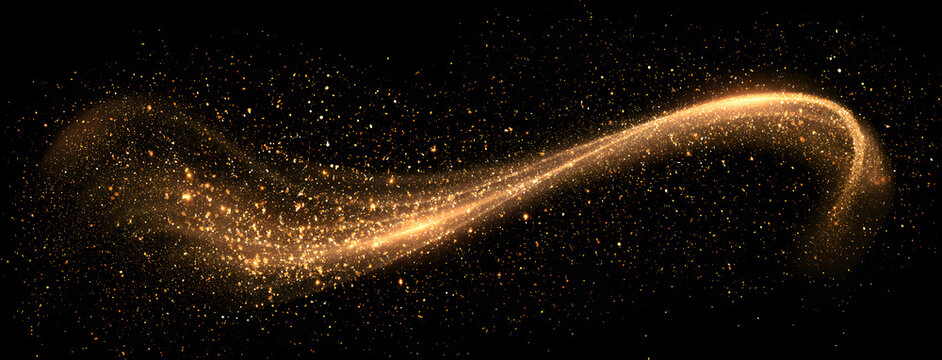 Fantasy stardust with golden glitter particles and magical sparkle wave, luxury festive light effect isolated on transparent background for a celebration concept