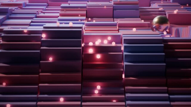 Audio reactive 3D block stacks pulsing to the beat with chrome spheres and glowing particles, pink and purple