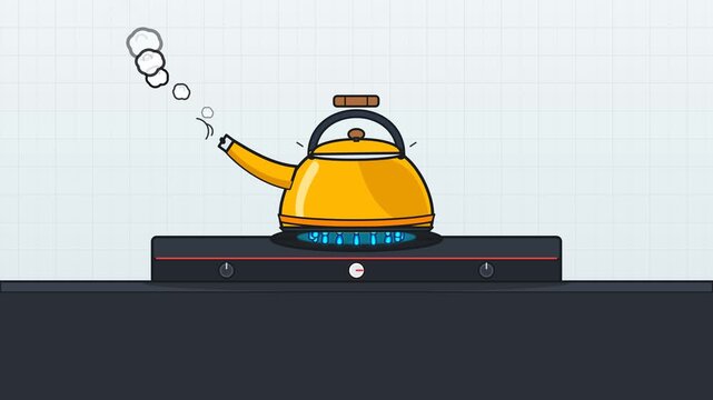 Boiling Teapot On Gas Stove Flat Line Art Animation Seamless Loop.