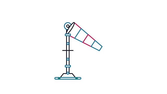 Animated flat wind sock icon in a minimal vector style, showing wind in a smooth 4K seamless loop. The symbol sits alone in the centre of a bright white background in blue and azure, leaving room for 