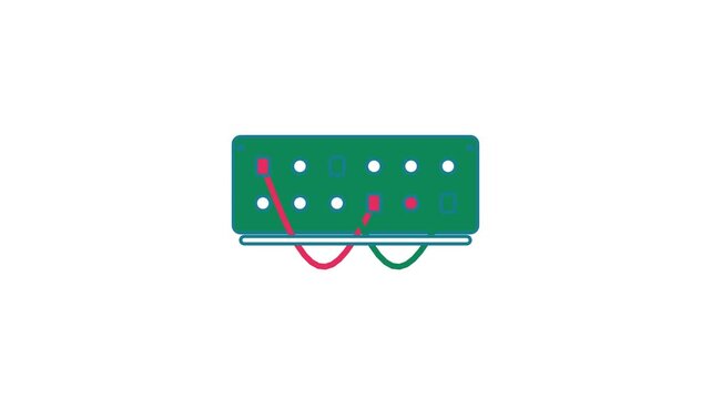 Animated flat patch bay icon in a minimal vector style, routing cables in a smooth 4K seamless loop. The symbol sits alone in the centre of a bright white background in fresh green, leaving room for t