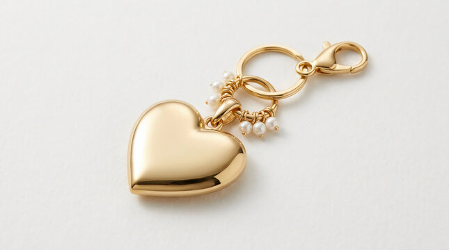 Golden heart shaped keychain with pearl charm ring and metal snap hook isolated on white background