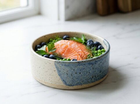 Fresh salmon fillet with blueberries and green peas served in a ceramic pet bowl on a kitchen countertop