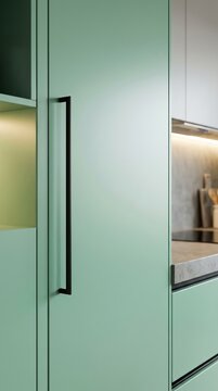 Minimalist kitchen interior featuring matte mint green cabinets with black hardware and integrated ambient LED lighting in a modern home
