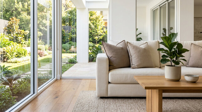 Modern living room with garden view, comfortable sofa and wooden coffee table