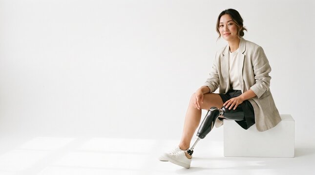Young Asian woman with lower leg prosthesis sitting on a white block, wearing a stylish beige blazer and shorts, looking confidently at the camera on white background.