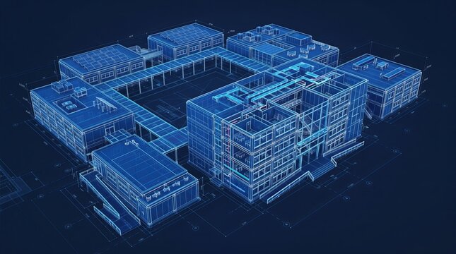 Blue wireframe architectural model of a modern multi building school campus on a dark background