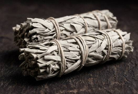 Two bundles of dried white sage sticks tied with natural twine