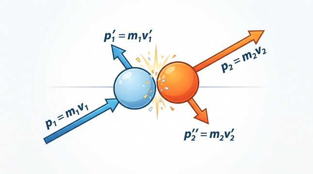 Physics Diagram Illustrating Elastic Collision Between Two Moving Spheres and Momentum Vectors