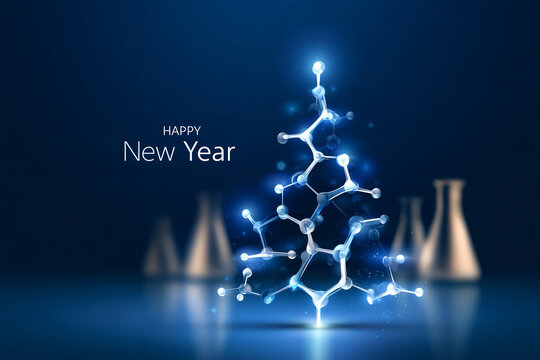 Happy New Year Molecular Science Concept with Glowing Chemical Structures and Laboratory Glassware. Christmas car, new year card for chemical industry. New Year celebrations, chemistry, scientific inn