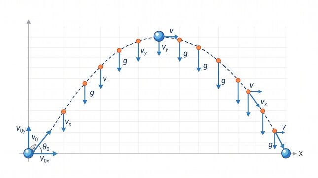 Projectile motion physics vector illustration of kinetic energy and parabolic trajectory diagram