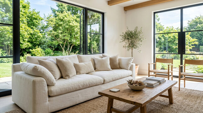 Modern living room with large sofa, coffee table and garden view