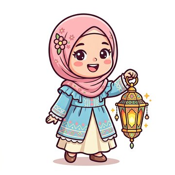 Joyful little girl in traditional attire holding Ramadan lantern.