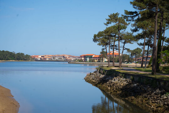 Scenic view of Port d'Albret marine lake from Soustons with Le Boucanier residence in Vieux-Boucau.