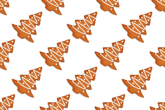 Gingerbread Christmas Tree Seamless Pattern on Transparent Background