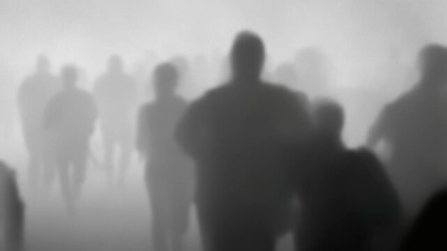 Mysterious crowd of people walking in the fog