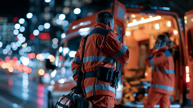 Night scene with two paramedics beside an ambulance with open doors glowing with warm interior light, one carrying a trauma bag, the other speaking into a handheld radio, wet city