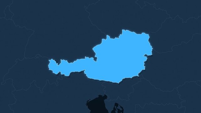Austria highlighted on a map of Europe with glow