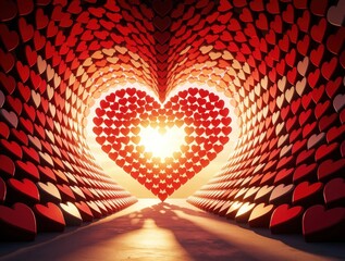 Fototapeta premium Abstract 3D mosaic tunnel made of many small red hearts. Glowing golden light shines through central heart shape creating warm atmosphere. Geometric pattern of romantic symbols forms tunnel walkway.