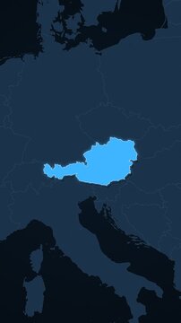 Austria highlighted on a map of Europe with glow vertical video