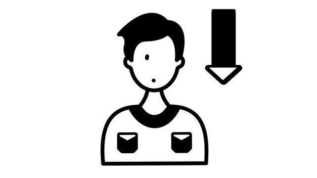 person with worried facial expression standing beneath two large downward arrows animation, emotional downturn or reduced motivation animated video, Man with discouraged feeling motion graphics