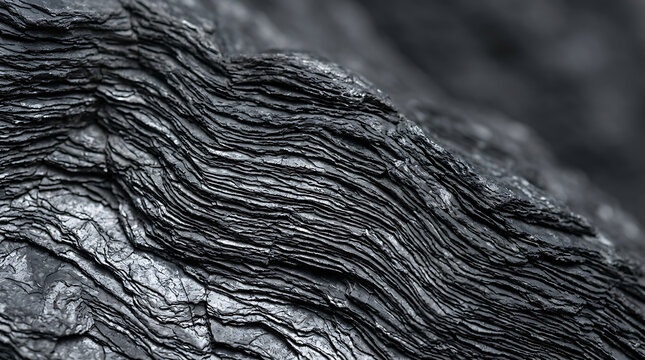 A close-up view of dark, layered rock with intricate textures and wavy patterns.