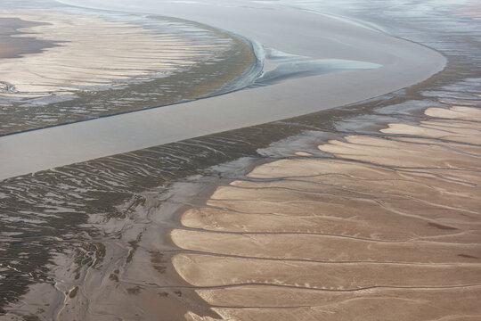 Aerial view of the Colorado River Delta, showing tidal channels and mudflats in the Reserva de la Biosfera Alto Golfo de California, Golfo de Santa Clara, Sonora, Mexico.