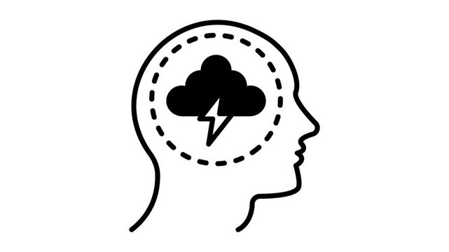 impaired thinking and focus animation, neurological symptom representation animated video, human head with cloud and lightning bolt inside the brain area motion graphics