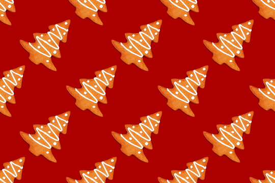 Gingerbread Christmas Tree Seamless Pattern on Red Background