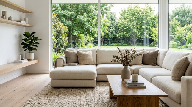 Modern Living Room with Large Window View and Sectional Sofa