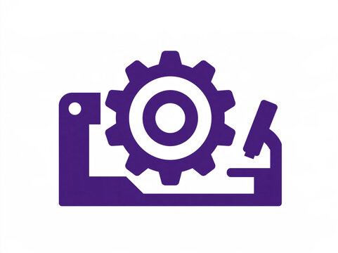 Purple industrial icon combining microscope, lathe machine bed, and large gear wheel in minimalist flat style.