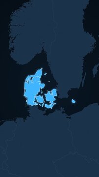 Denmark highlighted on a map of Europe with glow vertical video
