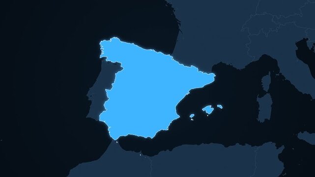 Spain highlighted on a map of Europe with glow