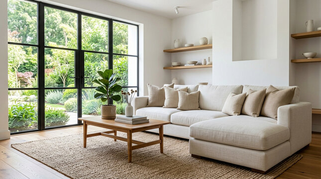 Modern living room with large window, sectional sofa, and coffee table