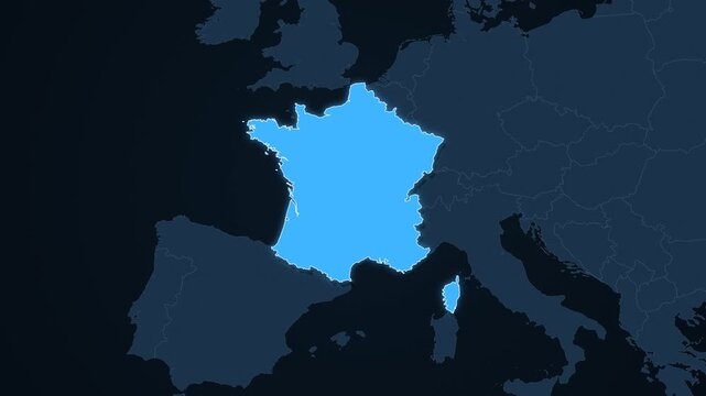 France highlighted on a map of Europe with glow