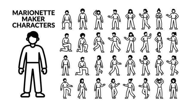Marionette Maker Characters: A collection of simple line art characters representing various poses and figures, designed for use as marionette puppets or character design inspiration.