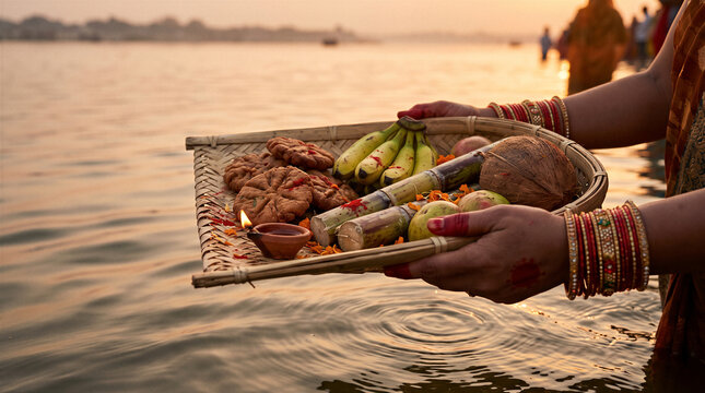 Hindu woman holding festival offerings beside a river at sunset